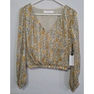 Astr Womens Yellow Balloon Sleeve V Neck Pleated Floral Print Blouse Top Size XS
